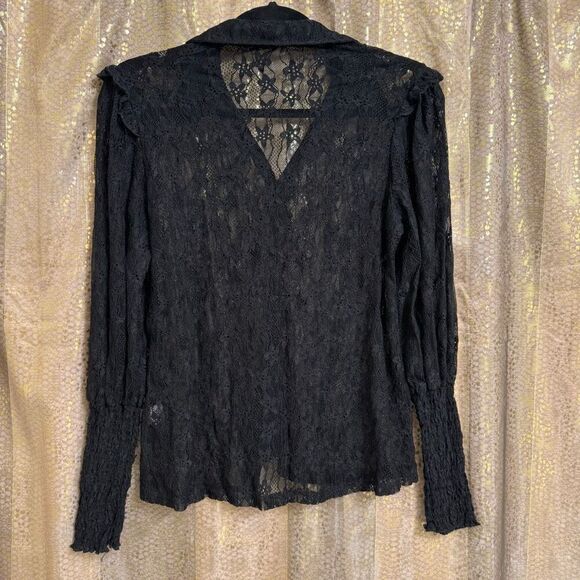 Amber Skies Black Lace Witchy Goth Button Up Sheer Long Sleeve Top Small - Picture 2 of 8
